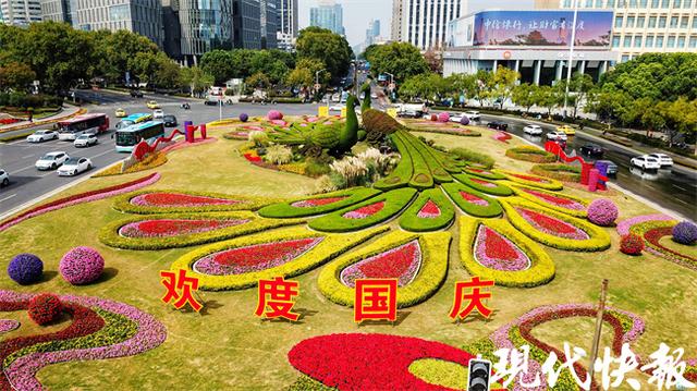 南京鼓楼广场换上“国庆妆”，孔雀绿雕绚丽多彩