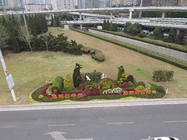 郑州多组绿雕扮靓街头 鲜花盛景喜迎国庆